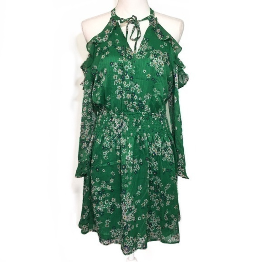 CLEARANCE Green Floral Cold Shoulder Chiffon Ruffle Dress